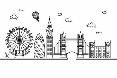 黑色线条手绘风格伦敦城市建筑知名旅游城市天际线png图片免抠
